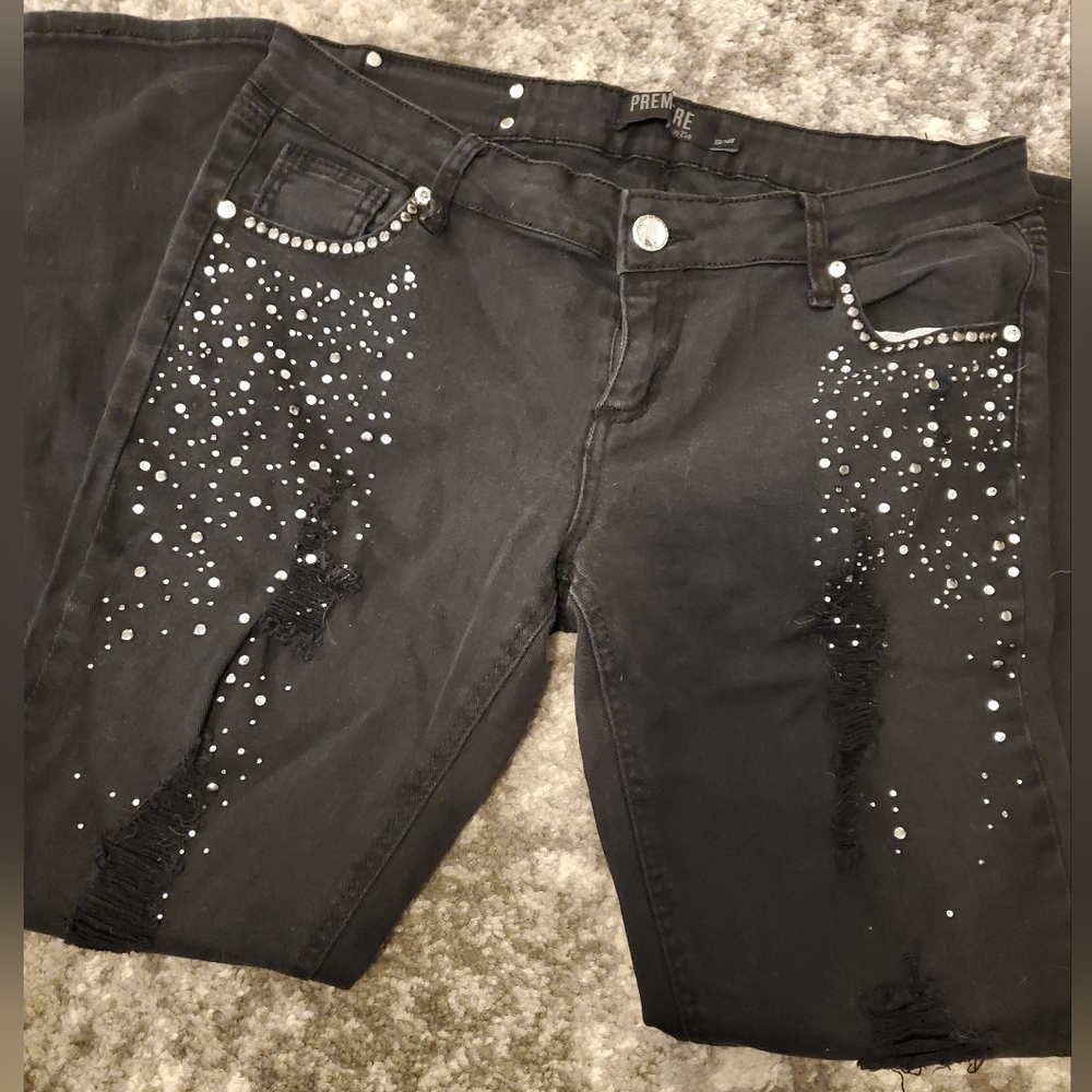 Black ripped and rhinestone jeans, premiere, bling, black pants, bougee, cute